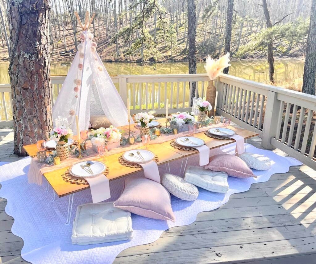 A Stunning Rose Quartz & Dusty Blush Picnic Featuring a Lace Tent 7