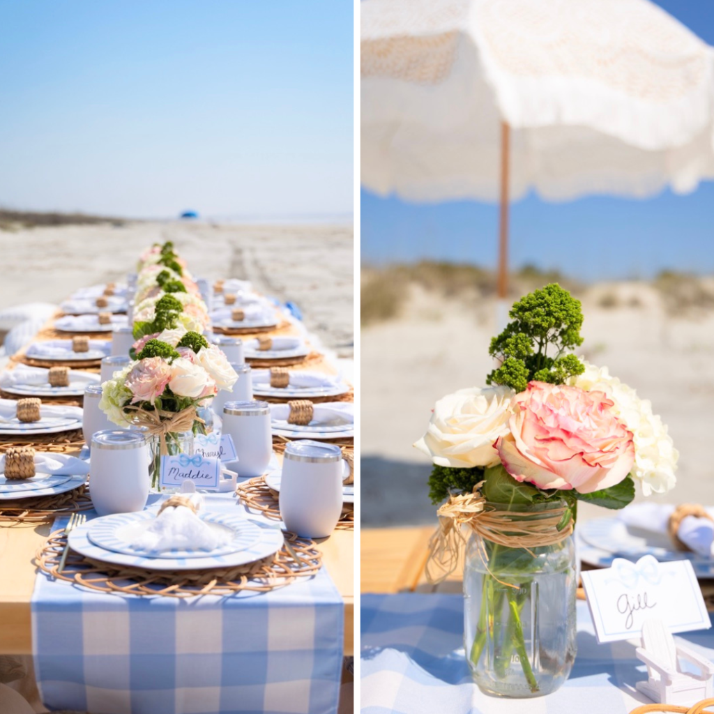 A Blue & White-Inspired Shoreline Picnic with a Gingham Runner and Blush Pink Roses