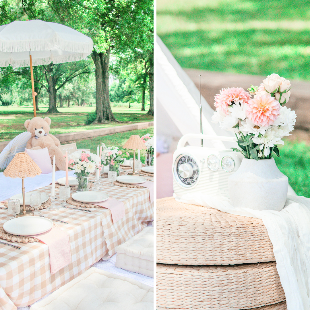 The Sweetest Baby Shower Picnic with a Gingham Tablecloth and Giant Teddy
